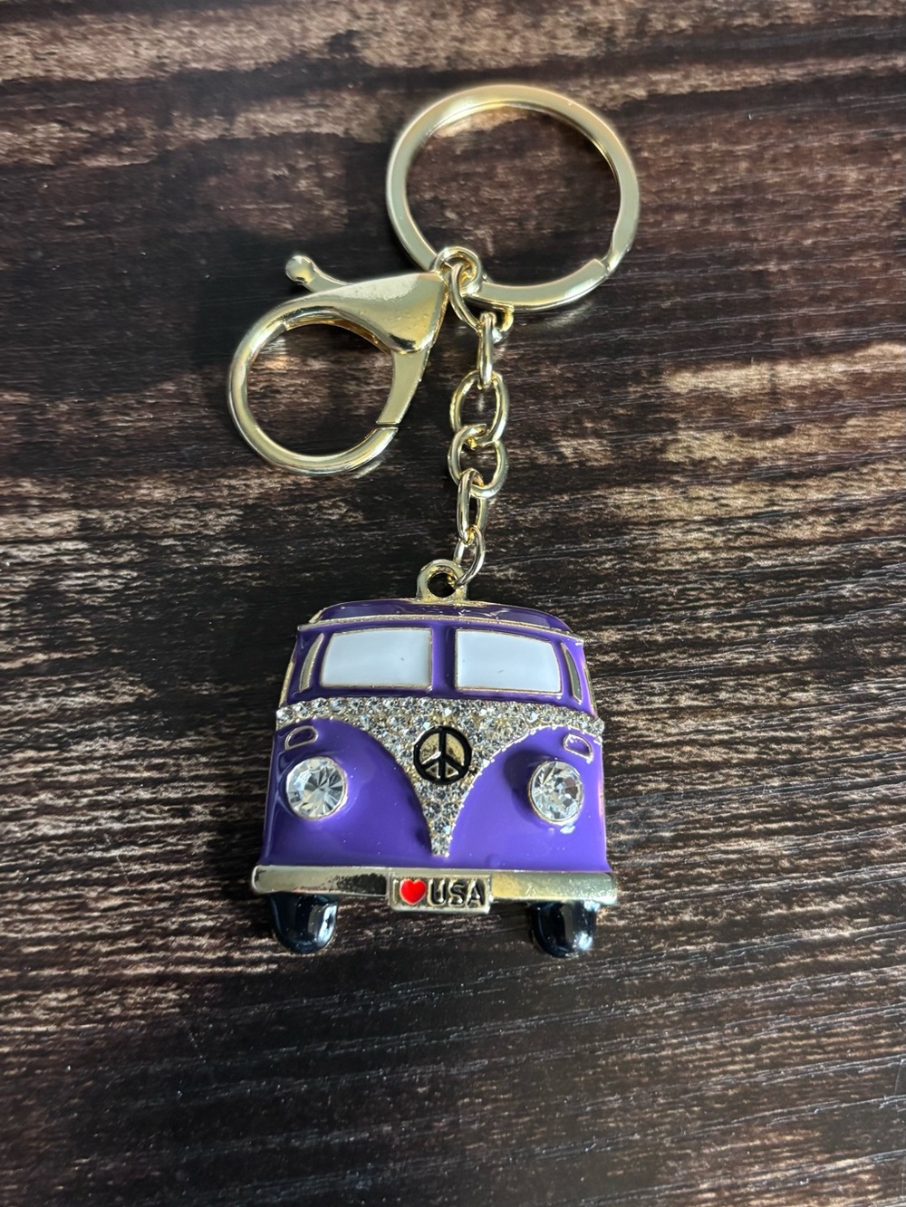 Purple VW Bus Rhinestone Keychain Key & Card Holder - USA Charm